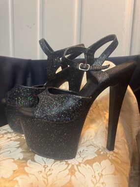 Pleaser Black Glitter Platform Heel Sandals
